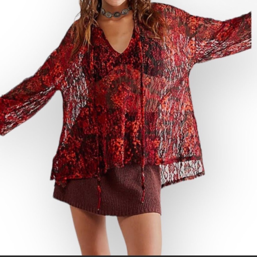 Free People Out For The Night Blouse Hot Combo red black see through long sleeve